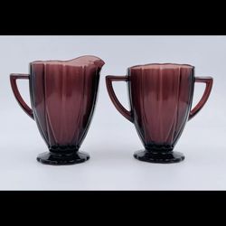 Vtg Hazel Atlas Amethyst Newport Hairpin Sugar & Cream Bowl Depression Glass Set