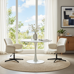 Homy Casa Clift 3PC Dining Set 39.4” Square Table with 2 Thomasina Beige Chenille Swivel Chairs in White