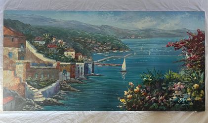 Large Original Painting - Mediterranean Coastal Scene - Artist S N Lee