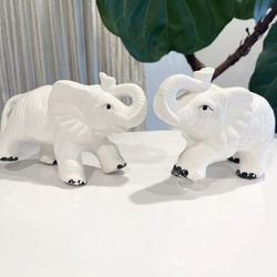 Vintage Ceramic White Porcelain Elephant Statues Figurine Boho Decor Antique Set