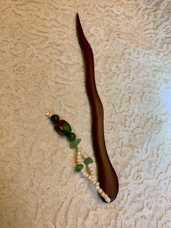 Wooden Handcrafted Beaded Chopstick Hair Pin Peacock Agate And Aventurine, 7”