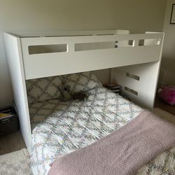 Abridged White Glaze Wood Kids Twin Over Full Bunk Bed with Right Ladder