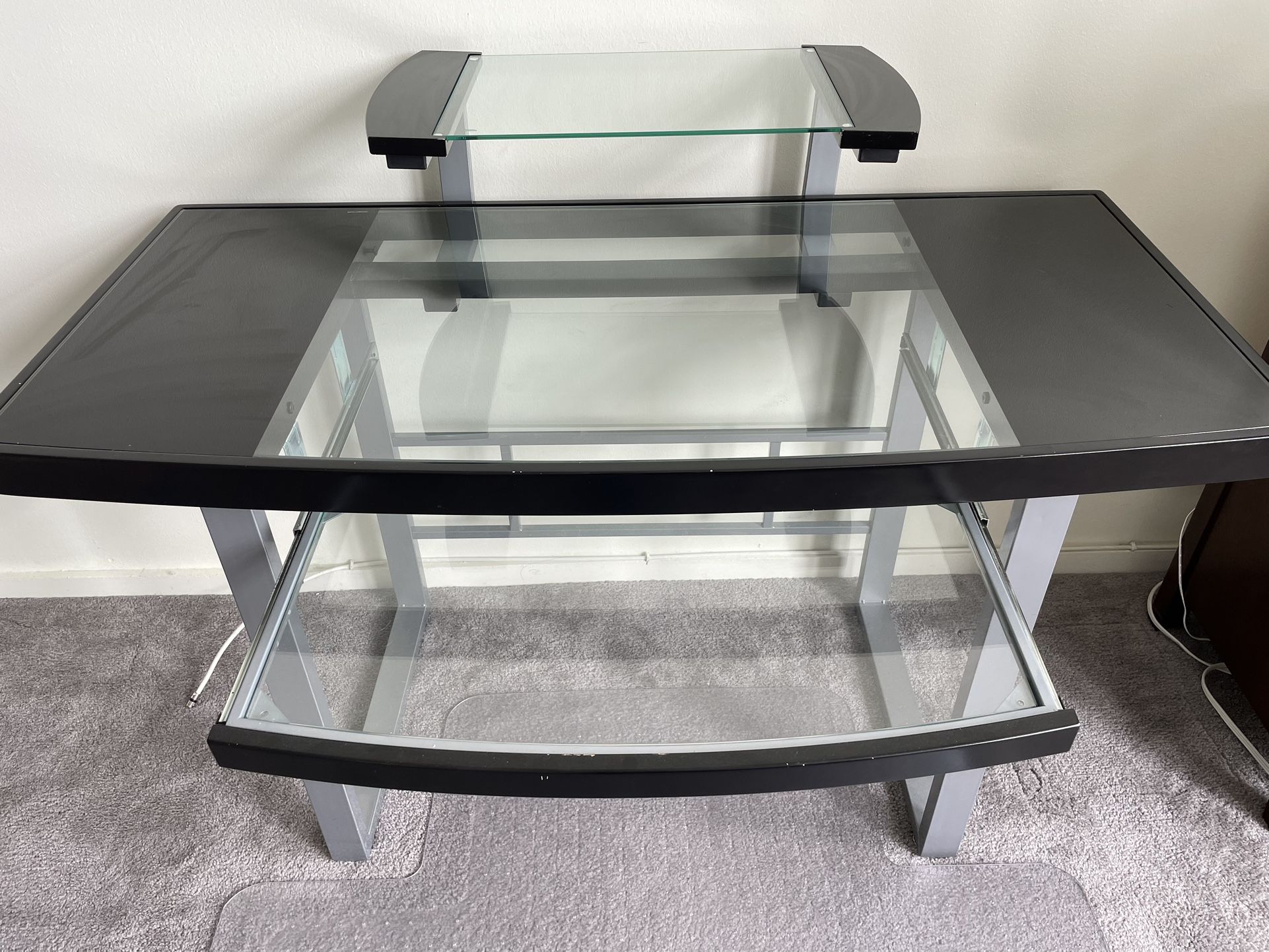 Clear Glass, Tempered Black Glass Computer/Office Desk With Keyboard Tray and Upper Shelf