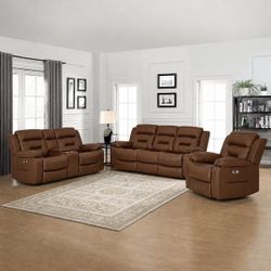 3-Piece Brown Leather Power Recliner Sofa Set
