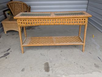 Wicker Sofa Table With Glass Inserts Vintage