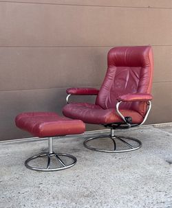 Ekornes Stressless Leather Recliner & Ottoman – Burgundy, Chrome Base