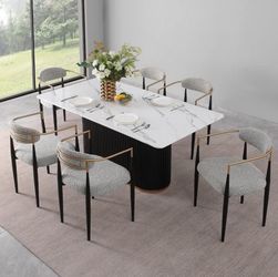 Modern 7-Piece Faux Marble Dining Table Top with Boucle Chairs in White Dining Room Set for Kitchen