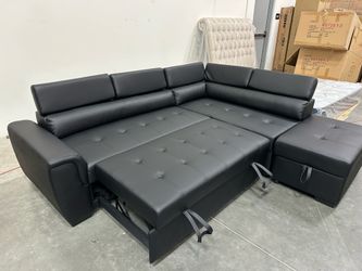 New! Contemporary Black Sectional, Black Faux Leather Sofa, L-Shaped Sofa With Pull-out Bed, Sofabed, Sectional Sofa Bed, Black Couch, Leatherette Sof