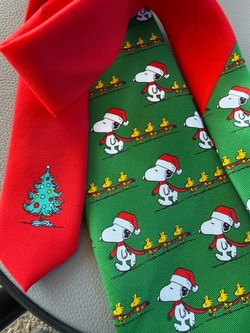 Peanuts Christmas Dress Tie with Snoopy in a Santa hat with Woodstock Christmas tree
