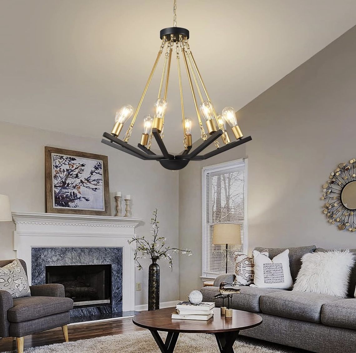 8 Light Farmhouse Chandelier Light Fixture Gold Black Adjustable Dining Room Kitchen Island Foyer