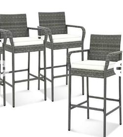 Wicker outdoor Bar stool Rattan Patio BarHeight chairs with Off white cushions (3 pcs)