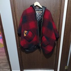 Pendleton Reversible Waterproof Black And Red Plaid wool Poncho.