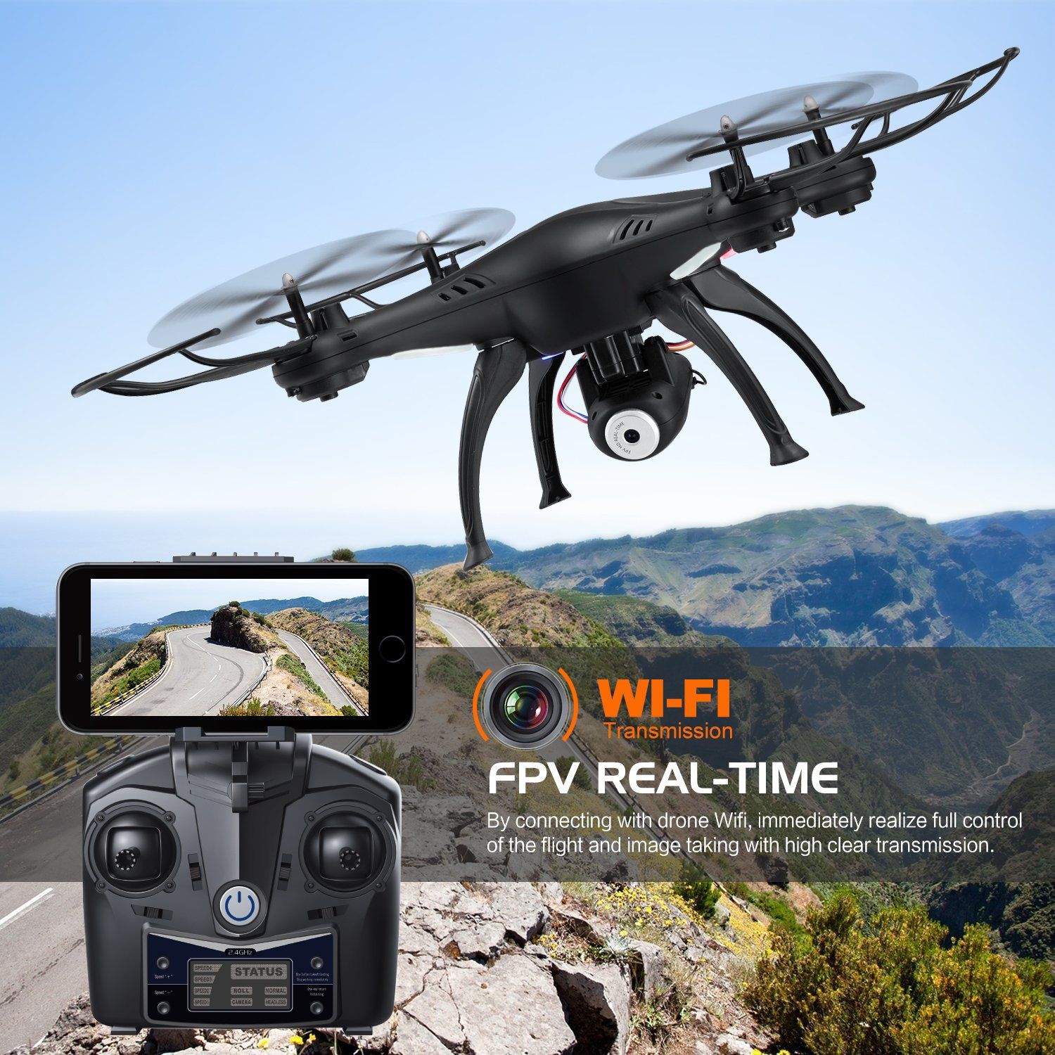 WiFi FPV Drone, Wireless 2.4Ghz RC Quadcopter RTF Altitude Hold with Newest Hover, 720P HD Camera ,3D Flips Function, One-Key Taking-off/Landing