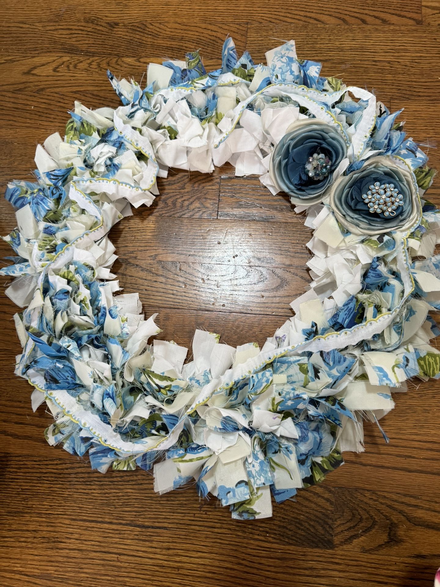 Handmade Shabby Chic Cottage Blue Rag Wreath 