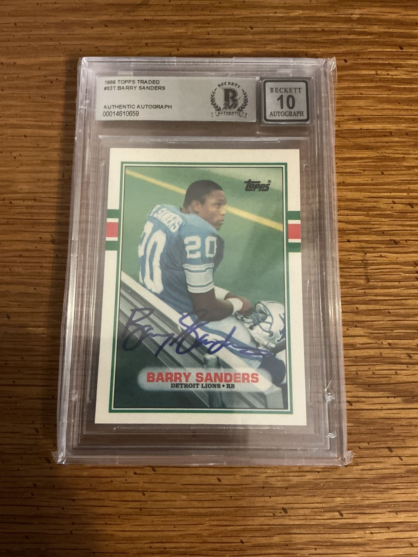 1989 Topps, Barry Sanders Signed, Rookie Card, Beckett Coa Autographed Grade Of 10