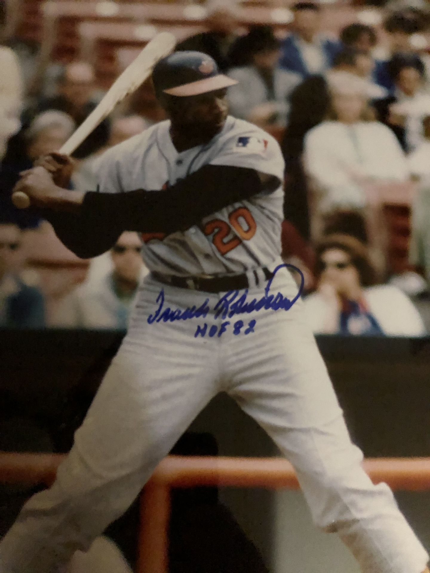 Frank Robinson, Baltimore O’s Hall of Famer Autographed 16 x 20 Photo Double Matted And Framed in A Black Ornate Wooden Frame, Beautiful Autograph in