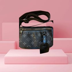 Monogrammed Shoulder Bag Black Zipper Front Pocket Magnetic Fold Front Closure