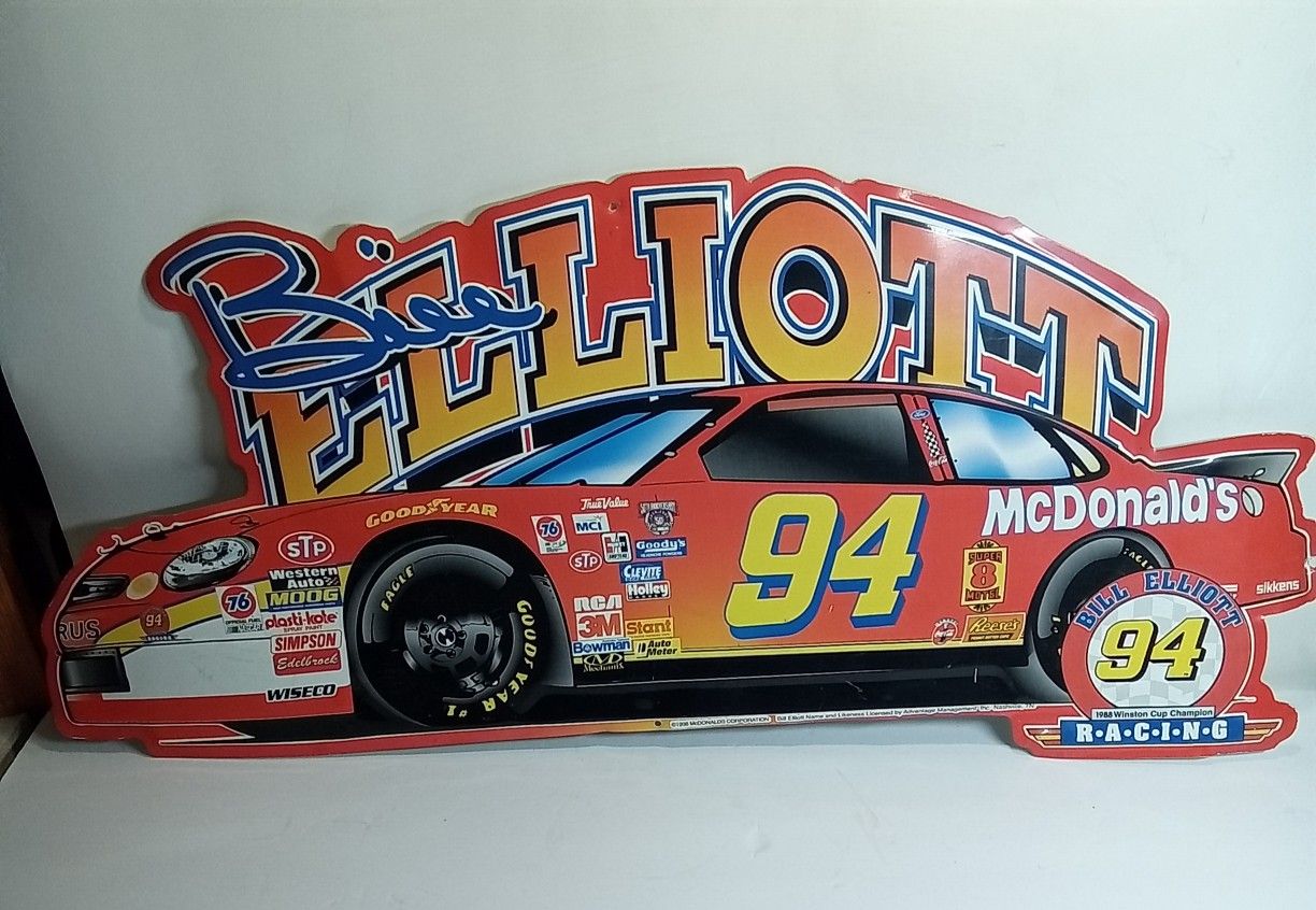 Vintage Bill Elliot #94 Nascar 1998 McDonalds Corp. Tin Sign 27"x12" READ