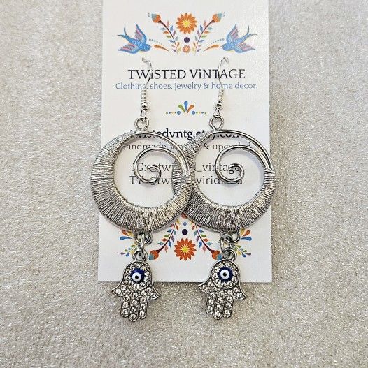 HAMSA Hand Eye Pointing Down Silvertone Spiral Circle Earrings