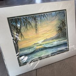 Vintage Neal Matsuyama Signed Print Secret Beach Kauai Hawaii Art Matted