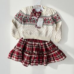 2T girls ugly sweater skirt & bows set