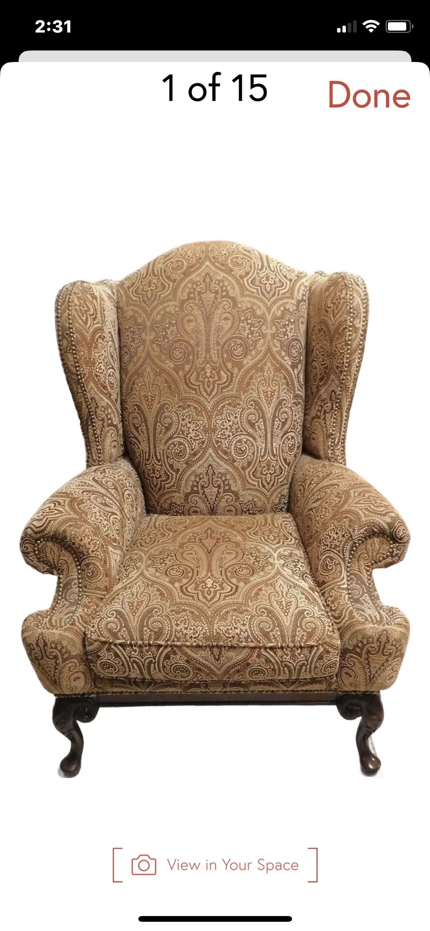 Oversized Taylor King Carved Ram Feet Paisley Wingback Armchair