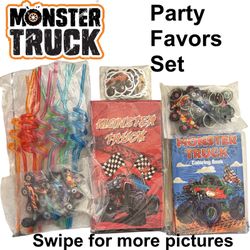 12pc Monster Truck Party Favor Set Bags Straws Coloring Books Keychains Stickers