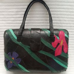 VINTAGE Genuine Frogskin Leather Hard Shell Dual Handle Handbag in Black w/ Green, Pink & Purple Floral Accents Excellent Condition