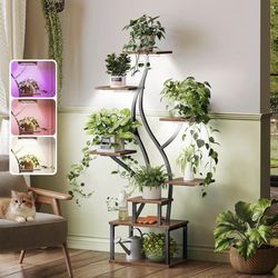 51.3 Inch Plant Stand with Grow Light, 6 Tiered Indoor Plant Shelf. Rustic Brown