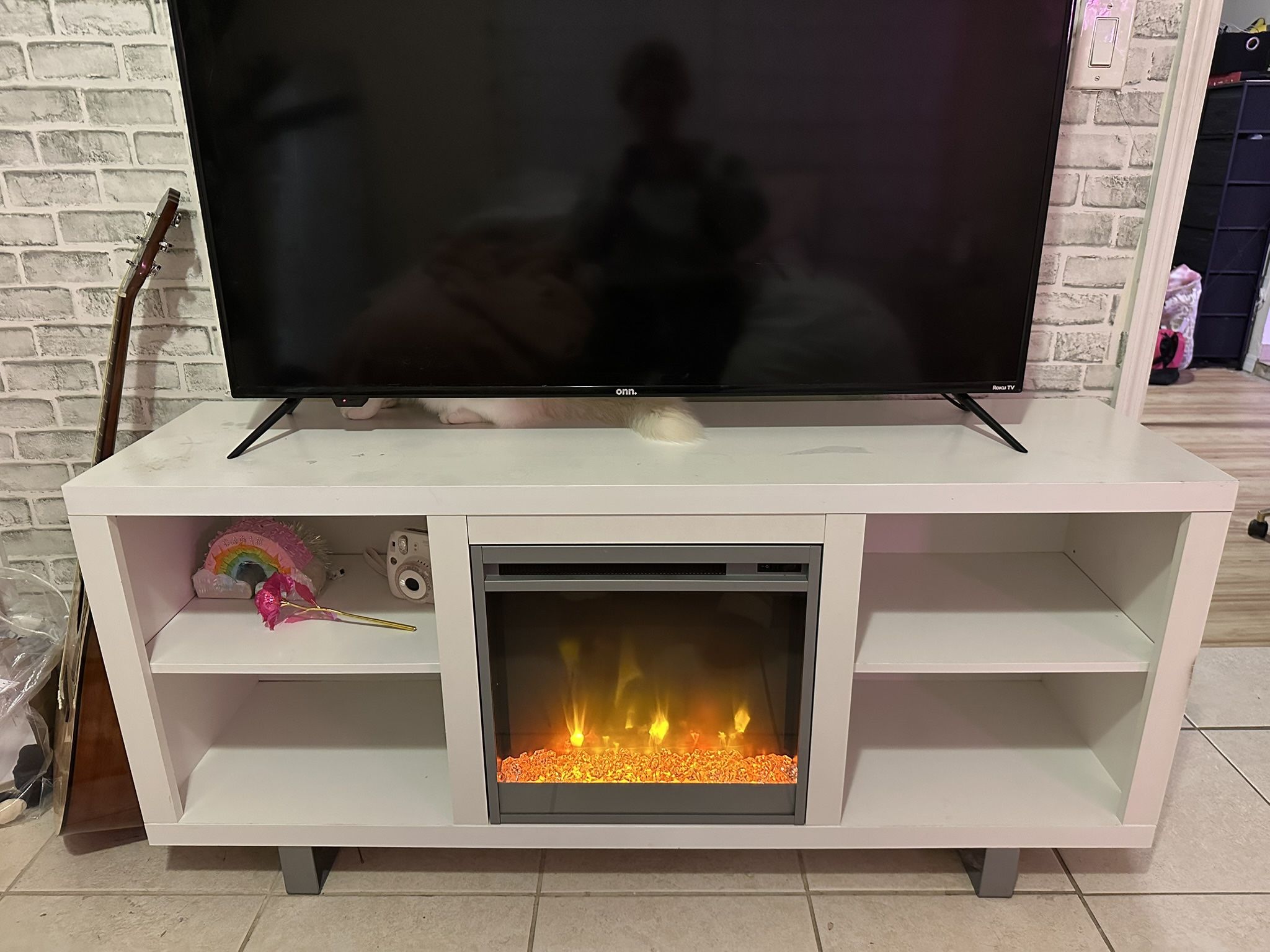 White Tv Stand With Electronic Fireplace 