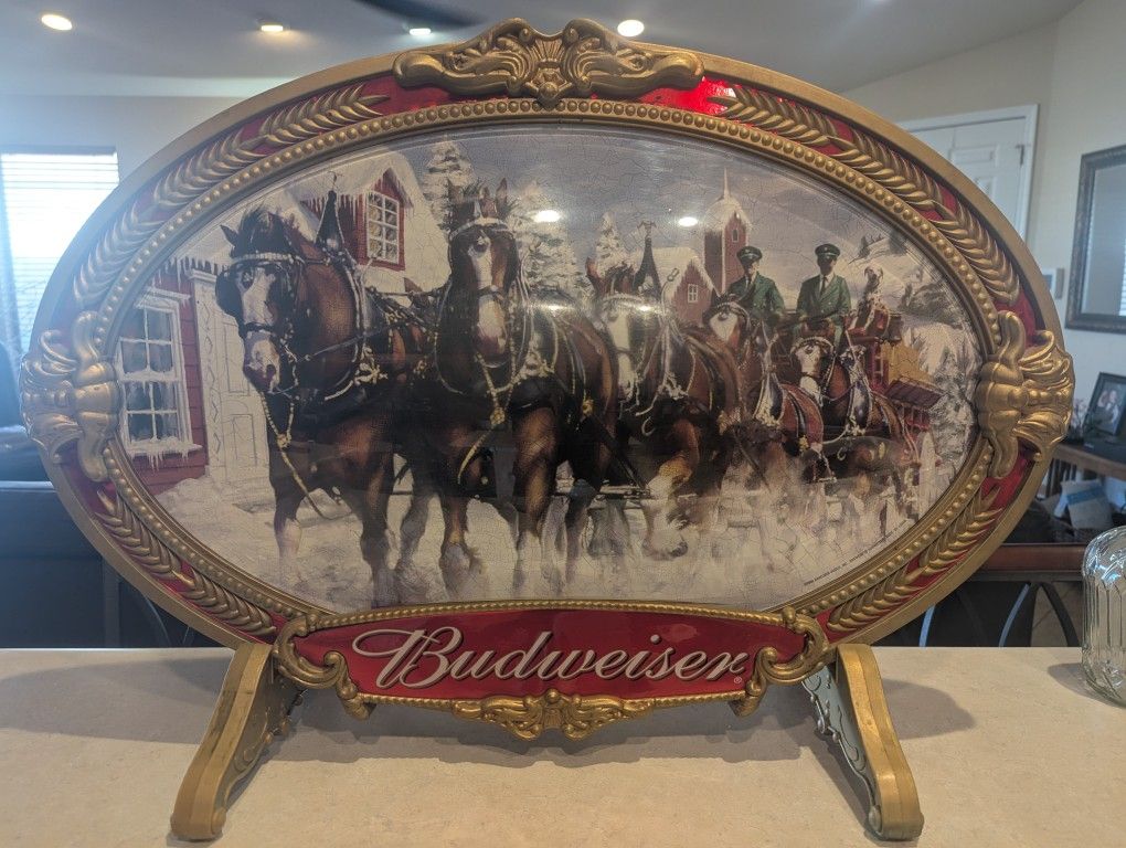 Anheuser-Busch 2000 Budweiser Winter Large Clydesdale Horses Oval Sign
