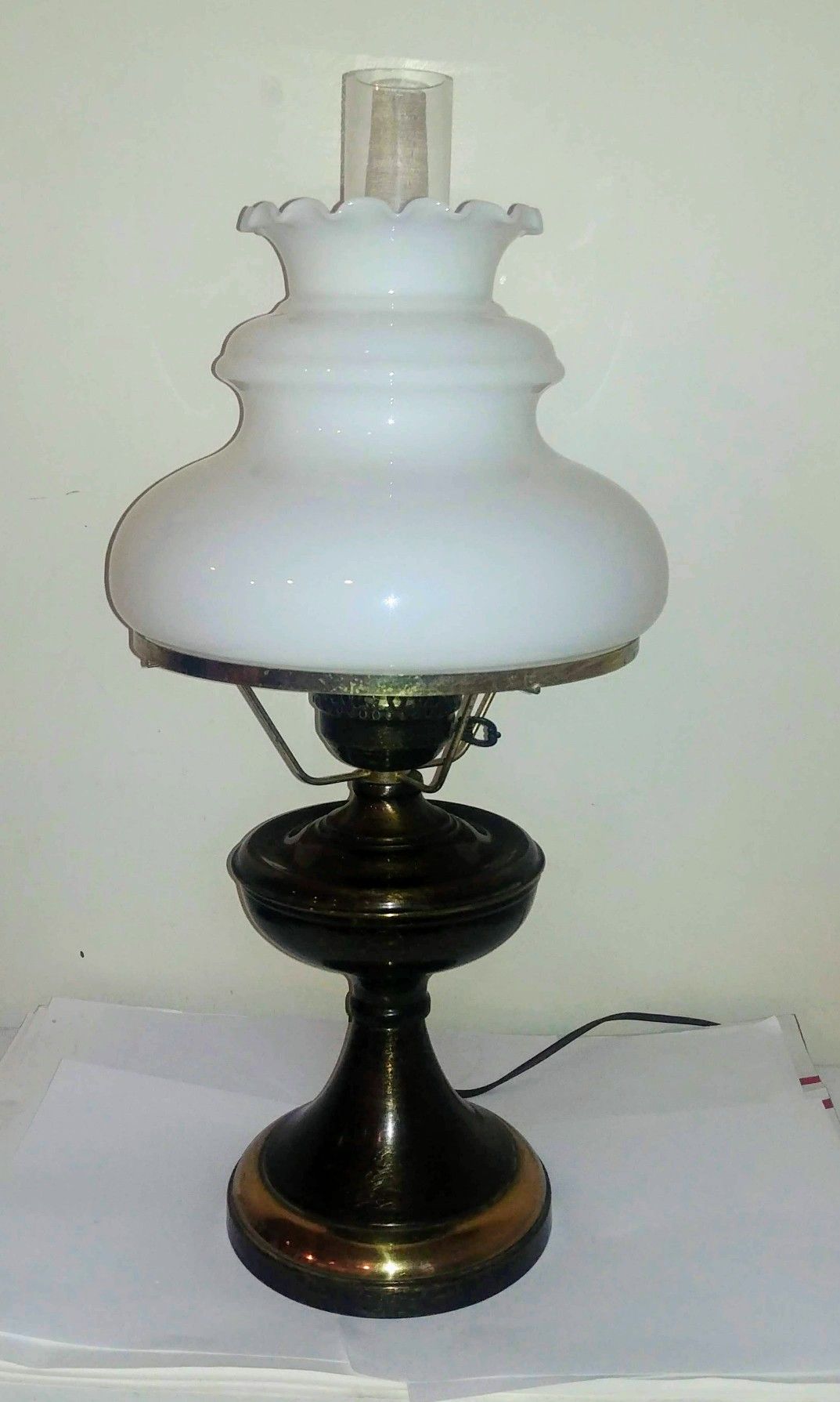 Vintage 3 Way Electric Oil Style Table Parlor Lamp W/ Large Milk Glass Shade