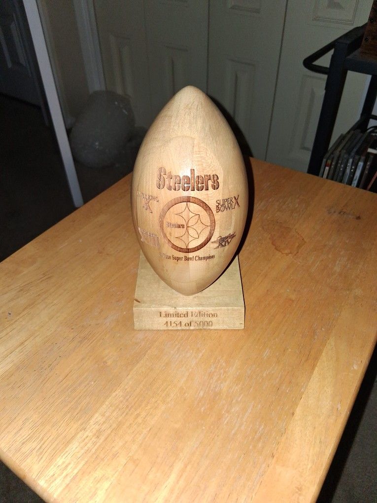 Wood Works Carved Fooball. 4 Times Super Bowl Champions 