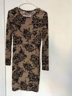 Sheer tan dress with black velvet rose print