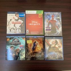 BRAND NEW, UNOPENED!! 4 Blu Ray Movies, 1 DVD and 1 XBOX ONE Game