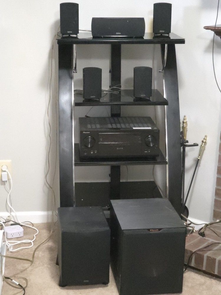 Entertainment Shelf With 5.1 Surround Sound Definitive Technology Speakers 1 Pioneer ELITE receiver And 2 Subwoofers.