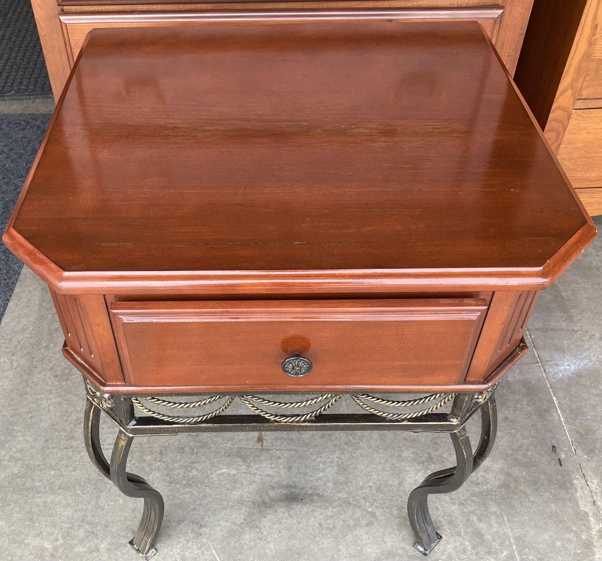 Solid Wood and Wrought Iron End Table Nightstand 