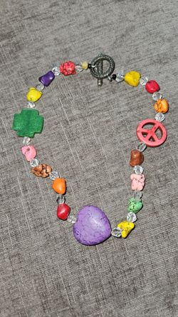Handmade Rainbow Pastel Beaded Necklace Some Glass Beads Heart Peace
