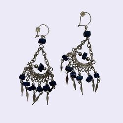 Vintage Blue Stone Chip Bead Silver-tone Chandelier Dangle Earrings (2 Pairs)
