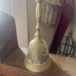 Vintage Brass Christmas Bell with Holiday Scene & Tree Motif
