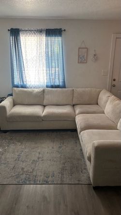 Beige Corduroy L-Shaped Sectional Sofa