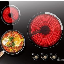 Electric Cooktop 24 Inch - 3 Burner Built-in Stove Top 5700W, Radiant Stovetop With 9 Heating Levels, Knob Control, Over-Temperature Protection, 220-2