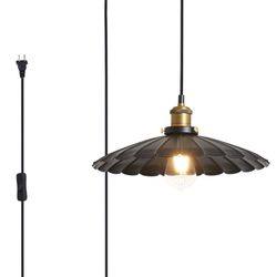 Retro Black Metal Shade Plug in Hanging Lamp On/Off Switch