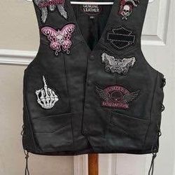 Womens Geniune Leather Vest with Customized Patches some Harley Davidson Size 44 just $50