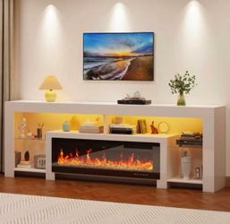 94.5" Fireplace TV Stand with 50'' Electric Fireplace Up to 100" TVs, Modern High Gloss TV Stand with LED Light and Charging Station, Entertainment Ce