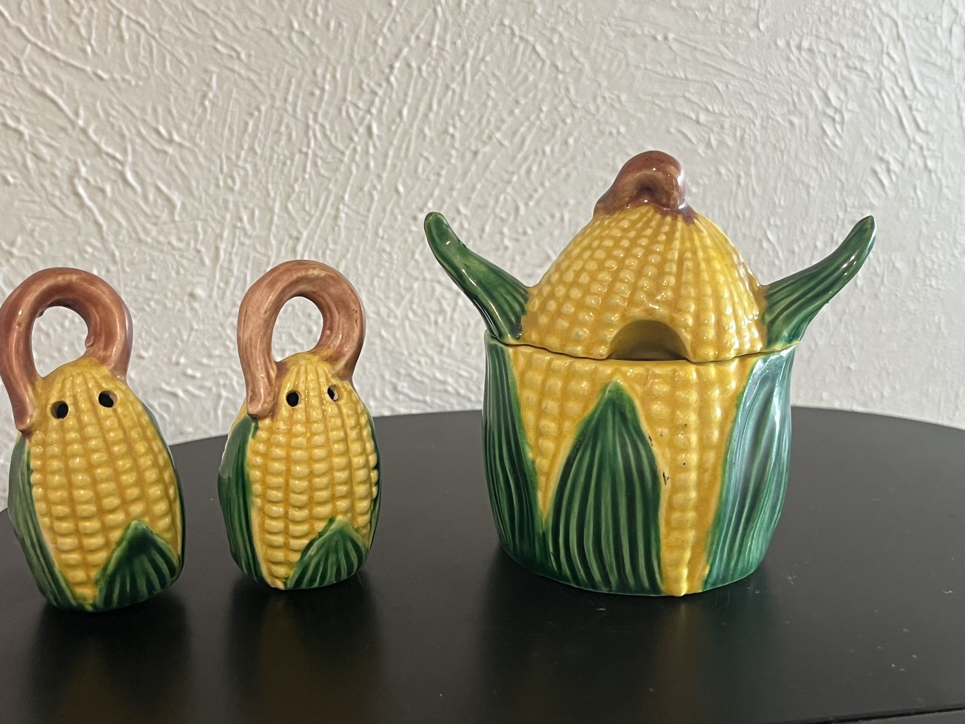 Vintage Corn Cob Salt And Pepper Shakers With Matching Sugar Bowl