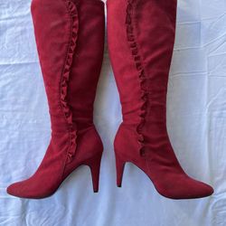 Vintage Red Suede Boots with Frill, Knee-High, 9M