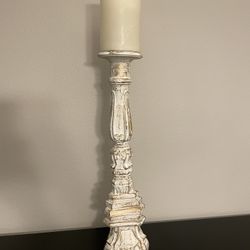 Vintage-Style Distressed Candle Holder  20 ¾” Tall with LED Wax Candle
