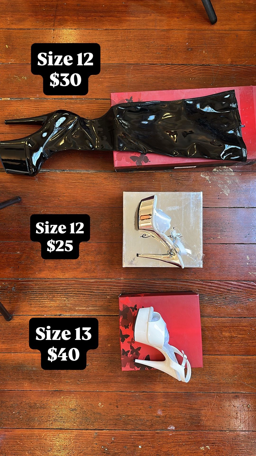 Size 12 & 13 Pleaser Shoes & Ellie Heels: exotic stripper pole dance boots