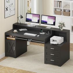 65'' Home Office Desk with Power Outlets, Storage Cabinet and Printer Stand, Study Writing Desks with Long Monitor Stand, Black